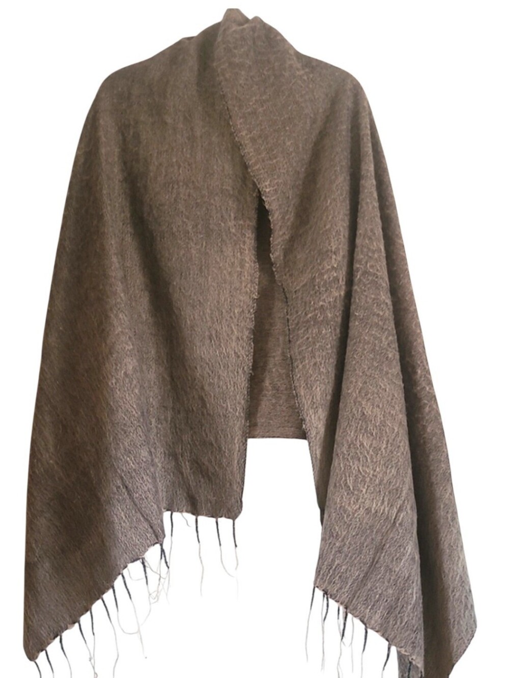100% Wool Brown Gray Fringed Blanket Scarf Brushed Neutral Minimalist 76X33